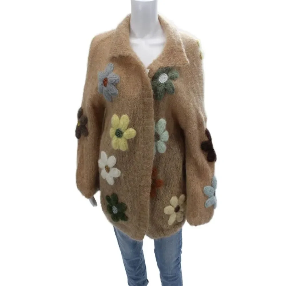 Rose Carmine Unisex Beige Floral Mohair Cardigan Size One Size